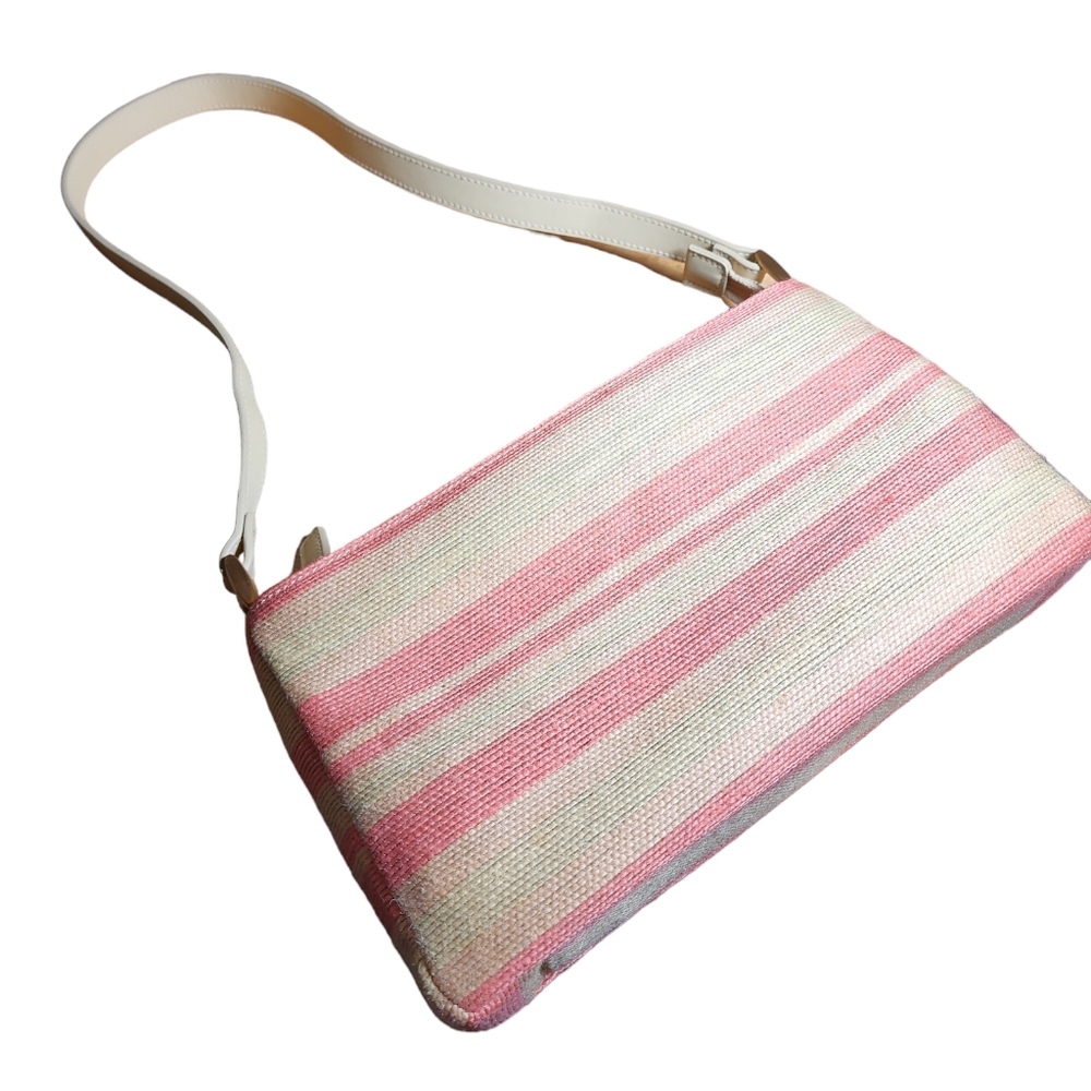 Etienne Aigner Small Pink & Yellow Striped Jute Shoulder Bag 11"X6.5"X3"